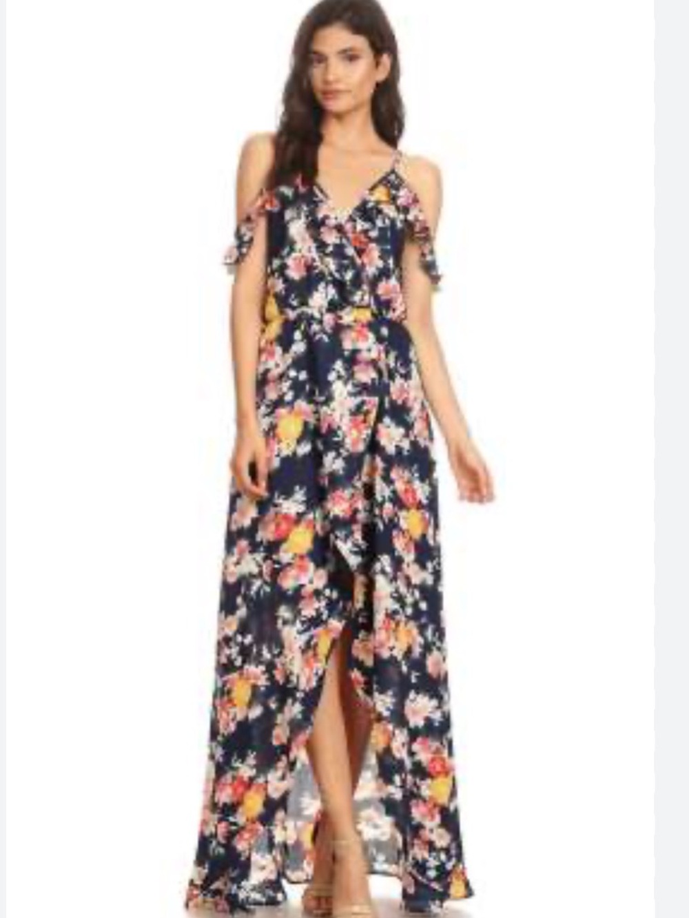 Xtaren Navy Floral Cold-Shoulder Maxi Dress